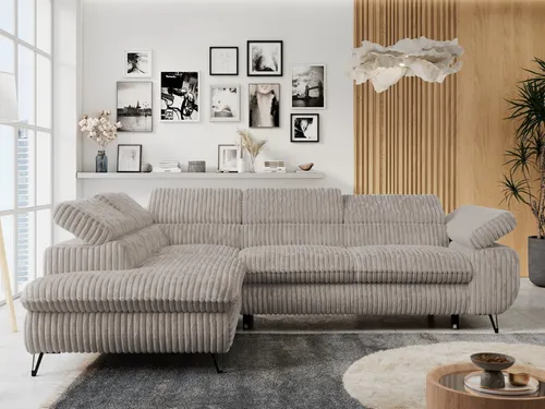 Ecksofa Peter L-Form Grau mit Schlaffunktion - Stylisches Ecksofa mit Bettkasten und verstellbaren Kopfstützen für optimalen Komfort. Ideal für Wohnzimmer und Gästezimmer – verwandelt sich im Handumdrehen in ein gemütliches Bett.