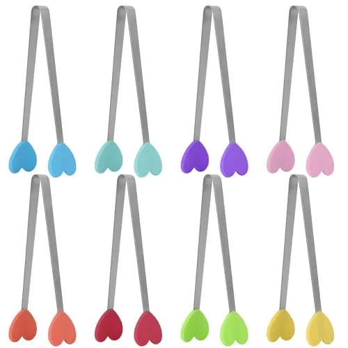 ACAUTO Mini-Zange, 8 Stück, kleine Silikonzangen, 14 cm, Servierzange, kleine Kinderzange zum Servieren von Lebensmitteln, Kochen, Vorspeisen, Eiswürfel, Obst, Zucker (Herzform)