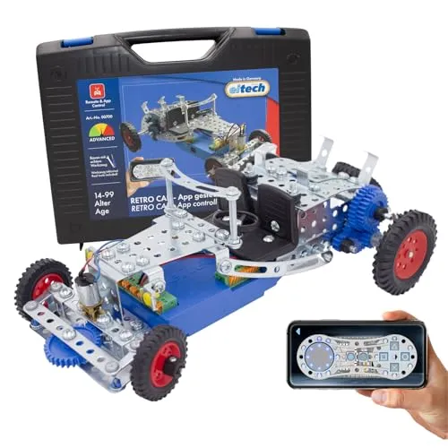 Eitech 00700 Metallbaukasten - Retro Car mit App-Steuerung - Spielzeug: Ferngesteuertes Auto, frei programmierbar und kompatibel mit Arduino IDE, ideal für Technikbegeisterte ab 14 Jahren.