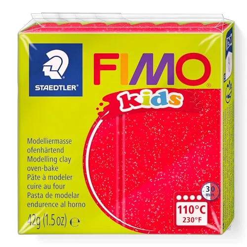 STAEDTLER ofenhärtende Modelliermasse FIMO kids, rot glitter, extra weich und geschmeidig, speziell für Kinder, Normalblock 42g, 8030-212