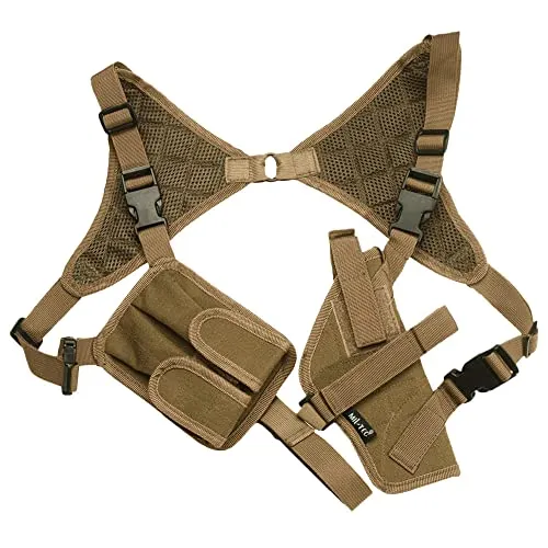 Mil-Tec Shoulderholster-16131005 Coyote One Size - Waffenholster mit doppelter Magazintasche, atmungsaktivem Mesh und modularem Design für Links- und Rechtshänder – ideal für optimale Anpassung und Tragekomfort.