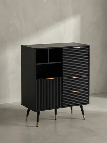 Stylisches Sideboard 77x97 cm in Schwarz mit Eiche-Nachbildung - Moderne Kommode mit eleganter Lamellenoptik, viel Stauraum und stabilen Metallbeinen – perfekt für Wohnzimmer oder Flur.