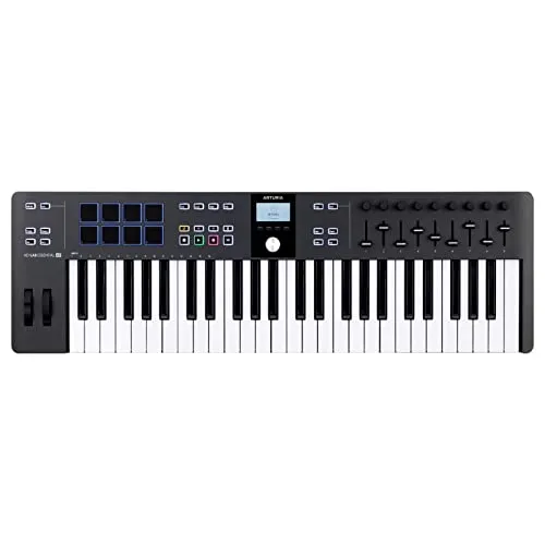 Arturia KeyLab Essential 49 mk3 Black - Audio-Controller mit 49 anschlagdynamischen Tasten und RGB-beleuchteten Pads für kreative Musikproduktion und intuitive Steuerung.