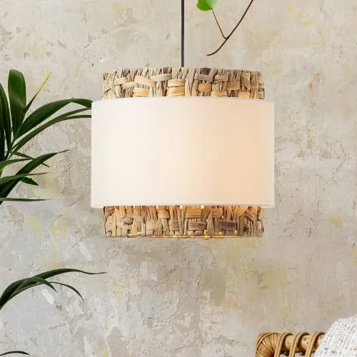 Lightbox Nature Hängelampe | 140 cm Höhe, Ø 35 cm | kürzbare Pendelleuchte mit Wasserhyazinthe/Stoff Schirm | E27 Fassung | aus Textil/Wasserhyazinthe/Metall in Schwarz/Naturfarben/Weiß