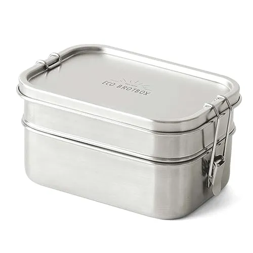 ECO Brotbox Yogi Double+ Edelstahl Lunchbox - Brotdose aus Edelstahl mit auslaufsicherem Silikonring, ideal für Mahlzeiten unterwegs und BPA-frei. Maße: 17 x 12 x 9 cm, für mittelgroße und große Portionen.