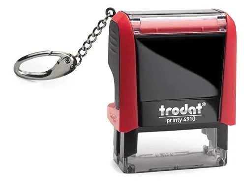 Trodat Printy 4910 – rot mit Schlüsselanhänger - mit Wunschtext personalisierbarer Namensstempel - gleich online gestalten, Firmenstempel, Textstempel, Arztstempel – max. 3 Zeilen - 26x9mm