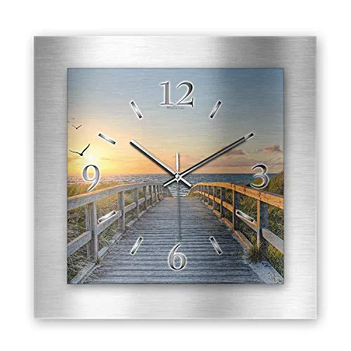 Kreative Feder 3D Designer-Wanduhr aus gebürstetem Aluminium leise Wanduhr ohne Ticken quadratisch 40x40cm (Weg zum Meer, leises Quarzuhrwerk)