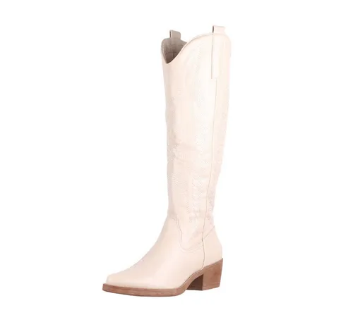 Elara Damen Cowboy Boots Chunkyrayan F1225 Beige - Stilvoll und Bequem - Moderne Cowboystiefel aus hochwertigem Synthetikmaterial, mit raffinierten Details und optimalem Tragekomfort. Ideal für modebewusste Frauen, die Stil und Bequemlichkeit schätzen.