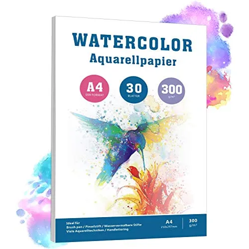 Aquarellpapier A4, 30 Blätter, 300 g/m², Weiß Aquarell Papier mit Rauher Oberfläche, pH-neutral Watercolour Paper Pad, 100% Baumwolle Säurefreis Papier für Aquarellmalerei Zeichnung und Handlettering