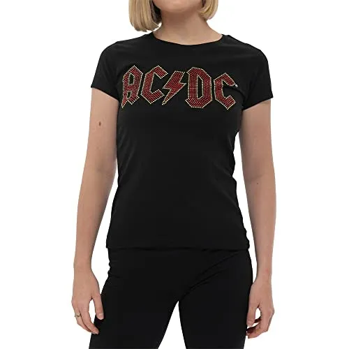AC/DC T Shirt Full Colour Diamante Logo - Damen Skinny Fit Schwarz L - Stylisches Damen T-Shirt aus hochwertiger Baumwolle mit glitzerndem AC/DC Logo, perfekt für Rock-Fans und modebewusste Frauen.
