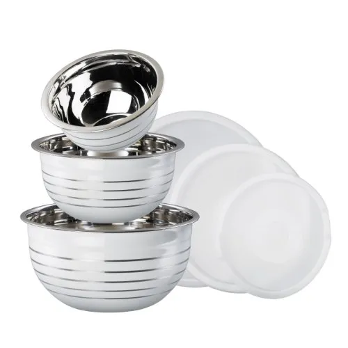 King Schüssel-Set 3-teilig aus Schüsseln mit Deckeln, Größen ca. 18, 22 und 26 cm, weiß-Silber gestreift