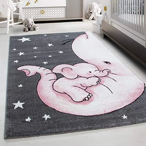 Teppium Kinderteppich für Jungen und Mädchen Elefant Muster 80 x 150 cm Pink - Kurzflor Waschbarer Teppich Extra Weich und Antiallergen - Teppich für Kinderzimmer, Babyzimmer und Spielzimmer