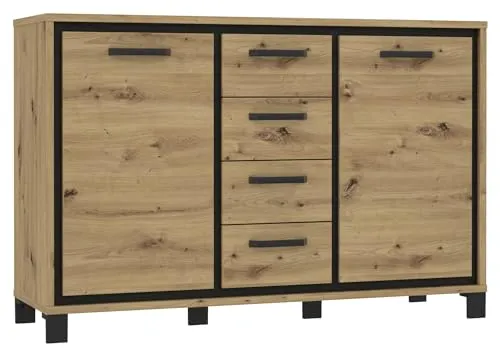 Forte TRONDHEIM Sideboard mit 4 Schubladen und 2 Türen - Kommode aus Holzwerkstoff in Artisan Eiche/Schwarz Eiche, bietet praktischen Stauraum und ein geräuschloses Schließsystem; ideal für Wohn-, Schlaf- oder Esszimmer.