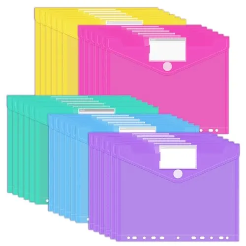 SUPEASY A4 Dokumententasche 30 Stück, 5 Farben Dokumentenmappe zum Abheften, Dokumentenhüllen mit Klettverschluss, 11 Löchern & Etikettentasche für Büro, Schule und Zuhause