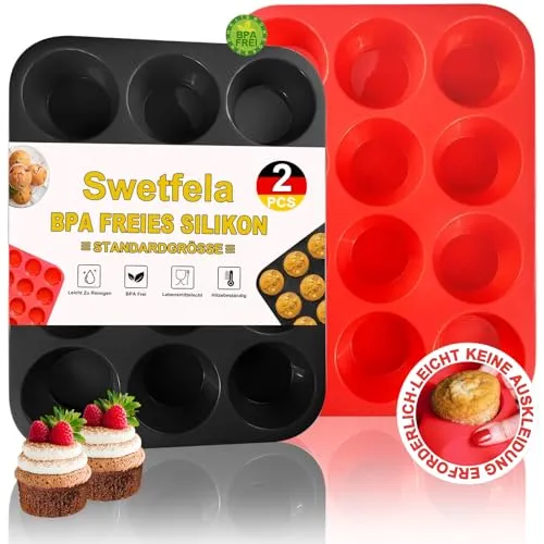 Swetfela 2 Stück Muffinform,29.2 X 22 X 3 cm Muffinform Silikon für 12 Muffins,Nicht Klebend,Wiederverwendbar Muffinblech,Muffin Backform für Cupcakes,Brownies,Pudding,Mini-Muffins (Schwarz + Rot)