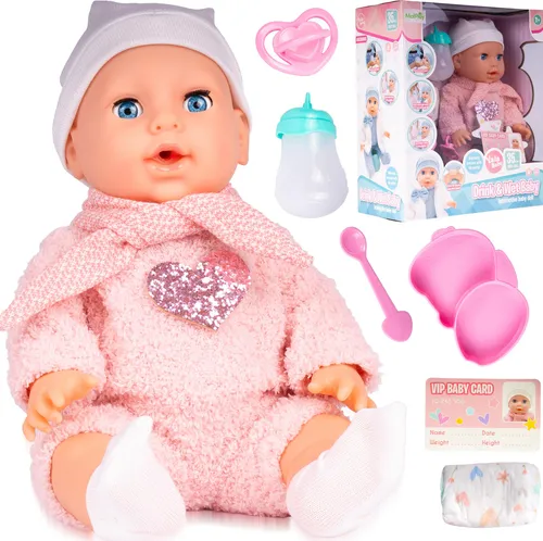 Malplay Babypuppe in Kleidung 35cm Kindermadchen Doll Set Schnuller macht Geräusche ab 18 Monaten Geschenk