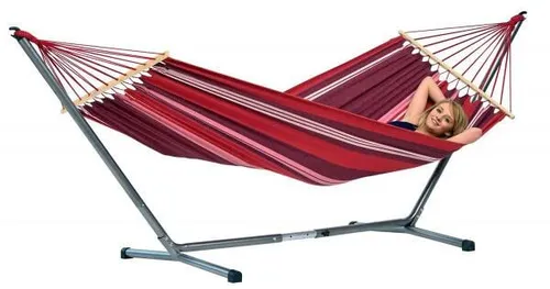 Summer Set AZ-4220000 Camping-Hängematte rot/violett - Wetterfeste Hängematte mit Spreizstäben, Liegefläche 210 x 120 cm, ideal für entspannte Momente im Freien, belastbar bis 120 kg.