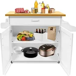 YUENFONG Küchenschrank mit Arbeitsplatte, Schublade & Schrank, Rollbarer Küchenwagen, Servierwagen aus Holz, für Küche Restaurant, Weiß - Weiß