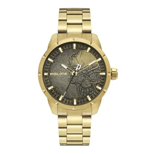 Police Herren Analog Quarz Uhr PL15715JSG.02AM - Elegante Armbanduhr für Herren mit goldenem Edelstahlarmband, 5 bar wasserdicht und ideal für den täglichen Gebrauch. Stilvolles Design mit schwarz-goldenem Ziffernblatt.