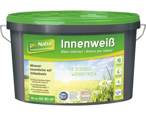 pronatur Innenweiß Silikatfarbe 10 l - Hochwertige Mineralfarbe für verschiedene Oberflächen, ideal für ein gesundes Raumklima und mattes Finish in Wohnräumen.