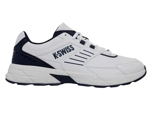 K-Swiss Sportschuh Weiß Navy Gr. 41 - Stylischer Sportschuh für Herren in Weiß und Navy, mit flachem Absatz und robustem Synthetik-Obermaterial. Ideal für sportliche Aktivitäten und den Alltag.