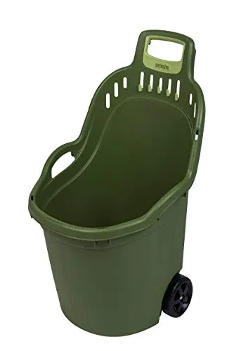 Gartentrolley HELPY - 50 Liter, belastbar bis 60 kg - Handwagen mit stabilem Design, ideal für Garten- und Haushaltsaufgaben. In Grau oder Grün erhältlich, bietet er 50 Liter Volumen und eine Haken-Leiste für Werkzeuge.