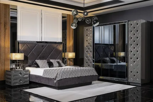 Dunkles Schlafzimmer Set 4tlg mit Bett, Nachttischen und Schrank - Vielseitiges Schlafzimmer Set für modernes Wohnen. Inklusive Bett (160x200 cm), zwei Nachttischen und geräumigem Schrank für optimalen Stauraum. Elegantes Design in Grau, ideal für jedes Schlafzimmer.