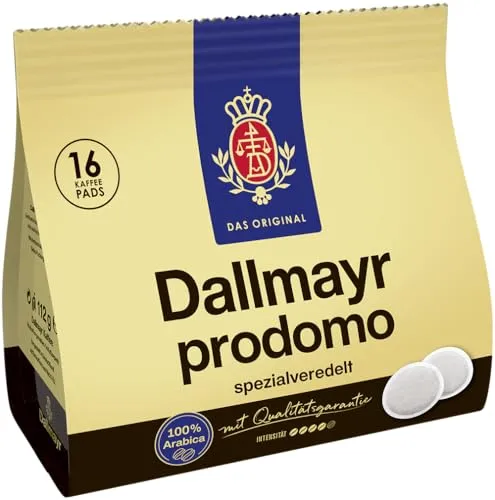 Dallmayr Prodomo Pads, 16 Pads, 112 g - Kaffeepads für alle Kaffeepad-Maschinen, bieten vollmundigen und würzigen Genuss, ideal für kleine Haushalte – frisch zubereitet, Tasse für Tasse.