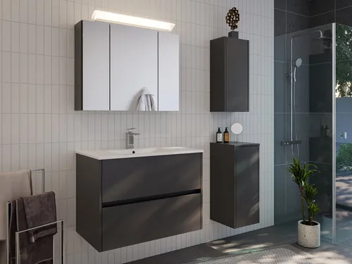 Magnolia Home Badmöbel-Set Taifun 80cm 4tlg mit Spiegelschrank & 2x Badschrank - Elegantes Badmöbelset in grafit, designed für langlebige Nutzung. Die spezielle Softtouch-Oberfläche sorgt für ein modernes, pflegeleichtes Ambiente ohne Fingerabdrücke.