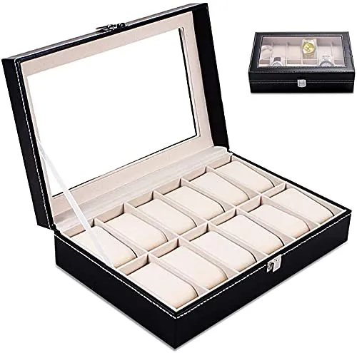 TWBEST Uhrenbox,Uhrenkasten,Uhrenaufbewahrungsbox mit 12 Fächern,Uhren Aufbewahrung Deckel mit Spiegel,Uhrenkoffer Uhrenschatulle mit Herausnehmbaren Uhrenkissen, Metallverschluss(30 * 20 * 8cm)
