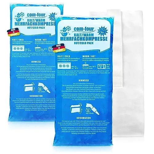 com-four® 2x Große Mehrfach-Kompressen 29 x 12 cm mit Premium Mehrweg Vlieshülle, Kalt und Warm Kompressen mit Gel-Kühlpack Schutzhülle mit Gummiband, mikrowellengeeignet - Made in Germany