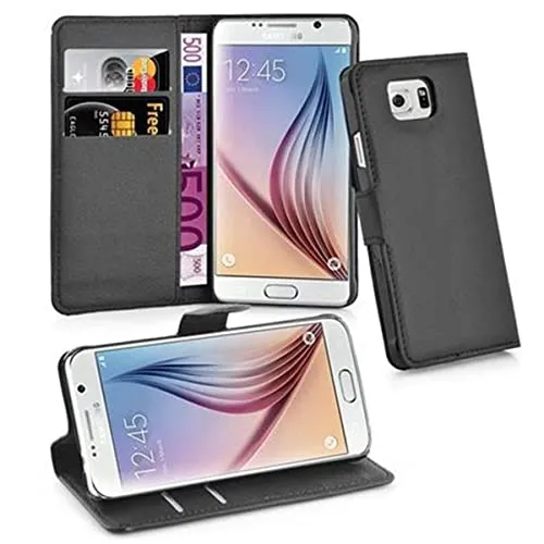 Cadorabo Hülle kompatibel mit Samsung Galaxy S6 Handyhülle aus Premium Kunst Leder Flip Klappbare Stoßfeste Magnetische [Standfunktion] [Kartenfächern] Cover Hülle für Galaxy S6 Tasche in Schwarz