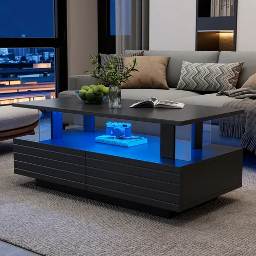 MODFU LED-Couchtische Schwarz mit 60.000+ Farben & App-/Fernbedienungssteuerung,Rechteckiger Wohnzimmertisch Kaffeetisch mit 2 Schublade,100×50×42.5cm