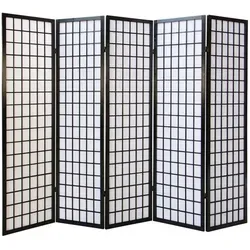 Homestyle4u Paravent Schwarz, 5-teilig - Paravent aus schwarzem Holz mit beidseitiger Bespannung aus Reispapier, ideal als Sichtschutz und Raumtrenner. Zusammenklappbar und platzsparend, passt perfekt in jedes Wohnzimmer.