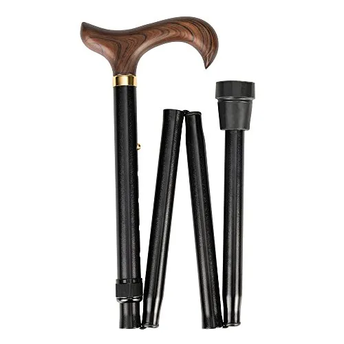 Ossenberg - Faltbarer Leichtmetallstock mit Derbygriff aus Holz - Gehhilfe - Gehstock - Teleskopstock - hohe Belastbarkeit - höhenverstellbar - klappbar - faltbar auf 30 cm - schwarz