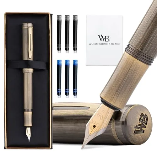 Wordsworth and Black Fountain Pen Mini EDC Bronzer Taschenstift, Mittlere Feder, 6 Tintenpatronen, Tinten-Konverter, Nachfüllbares Stift-Geschenkset, Männer & Frauen