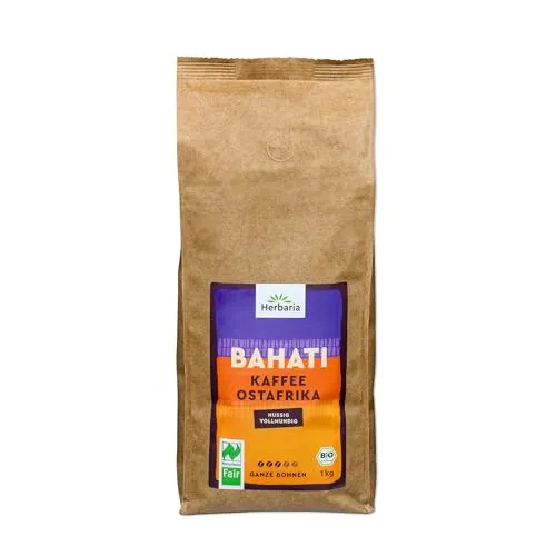 Herbaria Kaffee Bahati Bohne bio 1kg - Bio-Kaffee mit einzigartiger Aromenvielfalt, handverlesen aus Äthiopien und Uganda. Genießen Sie die harmonische Komplexität in Ihrer French Press oder Vollautomaten.
