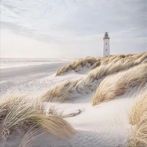 artissimo Glasbild Dünen-Landschaft 30x30cm - Bilder: Zeitgenössische Fotografie eines Leuchtturms in beige, ideal für stilvolle Innenräume und eine entspannende Atmosphäre.