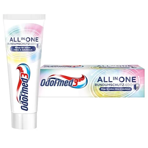 Odol-med3 All in One Rundumschutz 40+, Zahnpasta - Zahnpflege ab 40 Jahren für empfindliche Zähne. Schützt vor Karies, Mundgeruch und Verfärbungen, während sie den Zahnschmelz stärkt und nachhaltig verpackt ist.