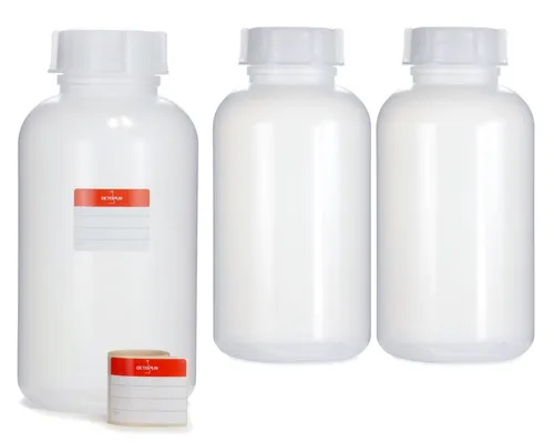 OCTOPUS Kanister 3x 2000ml Weithalsflasche mit Deckel - Praktische 3er-Packung Weithalsflaschen aus LDPE, ideal für Labor und Küche. Mit 50 mm Öffnung für einfaches Befüllen und Reinigen, inklusive Beschriftungsetiketten zur klaren Kennzeichnung.