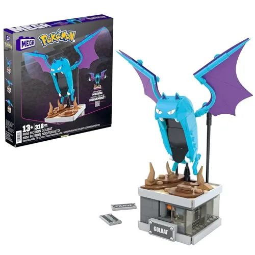 MEGA Pokémon Mini Motion-Golbat - besteht aus 313 Teilen zum Zusammenbauen, enthält versteckten Knopf, mit Flügelschlag Funktion, 13 cm groß, sehr schön zum Ausstellen, HTH72
