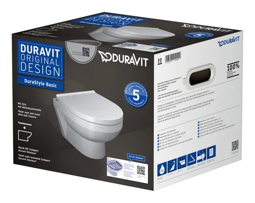 Duravit DuraStyle Basic WC-Set Compact - Wandhängend Rimless Tiefspüler in Weiß Hochglanz - Sanitäranlagen & Zubehör, modernes Design mit rimless Technologie für einfache Reinigung und hygienischen Komfort