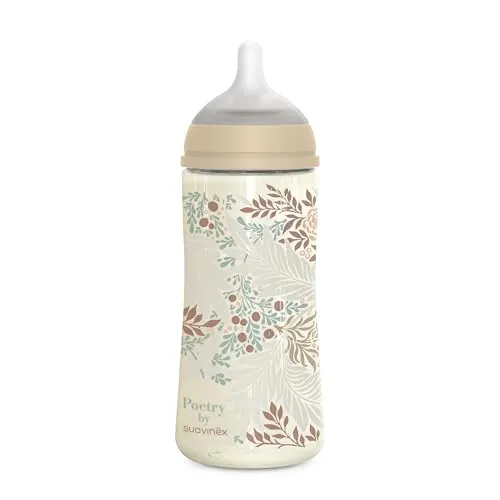 Suavinex, Babyflasche 360ml physiologischem SX Pro Silikon-Sauger, mit Antikolik-Ventil, dicker Durchfluss (L) für Flüssigkeiten dicker Dichte, Geeignet für flüssigen Brei. +6 Monate. Poetry Beige