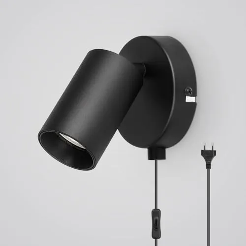 TaFiCo Wandleuchte Innen GU10 - Wandlampe mit Schalter und Stecker Vintage Wandstrahler Schwarz Wandspot Drehbare 350°für Wohnzimmer Schlafzimmer Korridor Treppenhaus, Ohne Leuchtmittel