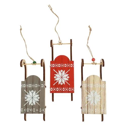 Weihnachtsschlitten Holz Deko 16x6x5cm 3er Set Rot Grau Natur, 3 Stück