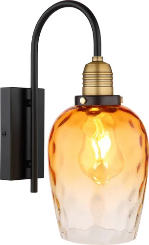 Elegante Wandleuchte mit Amberglas und Messingakzenten - Lampen für stilvolle Räume, faszinierendes Lichtspiel durch amberfarbenes Glas und edles messingfarbenes Metall. Perfekt für Flur oder Schlafzimmer.