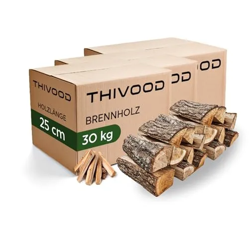 THIVOOD Brennholz 25 cm - Buchenholz & Eichenholz - Premium Feuerholz inklusive Anzündholz - trockenes 90 KG Hartholz mit unter 18% Restfeuchtigkeit - Ofenfertiges Kaminholz für Zuhause & Outdoor