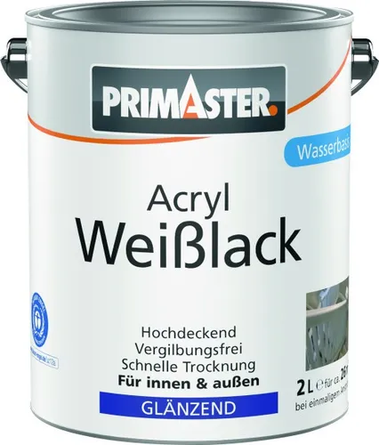 Primaster Acryl Weißlack glänzend 2 L - Hochwertiger Lack für perfekte Oberflächen - Lacke, ideal für Innen- und Außenanwendungen, bietet eine glänzende und langlebige Oberfläche für Holz und Metall.