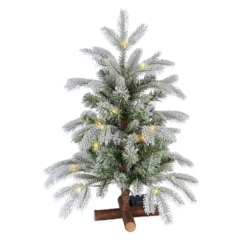 Kunst Tannenbaum mit Schnee warm weiß beleuchtet 8 Funktionen - 60 cm - Künstlicher Weihnachtsbaum 30 LED Batterie betrieben - Christbaum Tanne unecht mit Kunstschnee und Echtholz Ständer