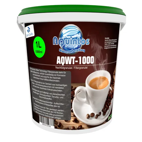 Aquintos Filtergranulat 1 Liter für Kaffeevollautomaten - Hochwertiges Nachfüllgranulat für Wasserfilter, optimiert den Geschmack von Kaffee und Tee durch effektive Kalkreduzierung und Schadstoffminimierung.